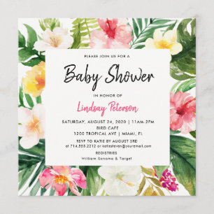 Tropical Watercolor Leaves Square Baby Shower Invitation
