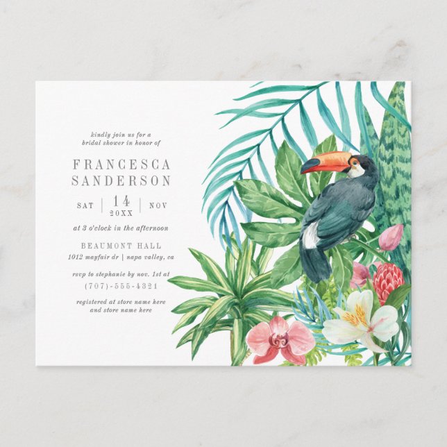 Tropical Watercolor Leaves & Toucan Bridal Shower Invitation Postcard (Front)