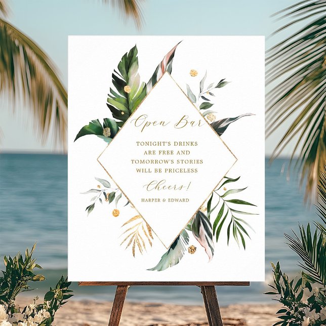 Tropical Watercolor Leaves Wedding Open Bar Sign (Creator Uploaded)