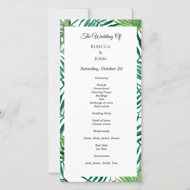 Tropical Watercolor Leaves Wedding Program Card (Front)