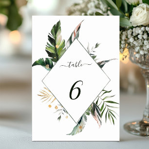 Tropical Watercolor Leaves Wedding Table Number