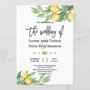 Tropical Watercolor Lemon Fruits Flowers Wedding Invitation