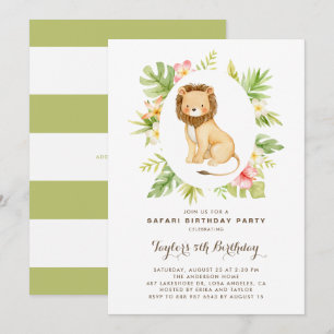 Tropical Watercolor Lion Safari Kids Birthday Invitation