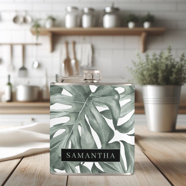 Tropical Watercolor Modern Oasis Leaves Pattern Hip Flask (Creator Uploaded)