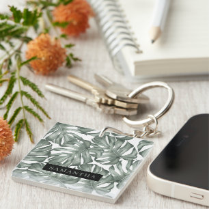 Tropical Watercolor Modern Oasis Leaves Pattern Key Ring