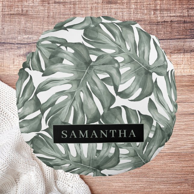 Tropical Watercolor Modern Oasis Leaves Pattern Round Cushion (Creator Uploaded)