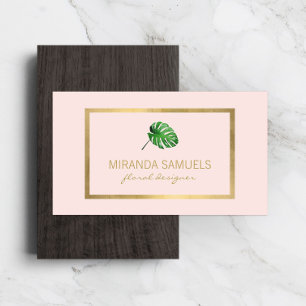 Tropical Watercolor Monstera Leaf Logo on Pink Business Card