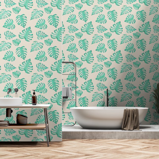 Tropical Watercolor Monstera Leaves on Beige Wallpaper (Bathroom)