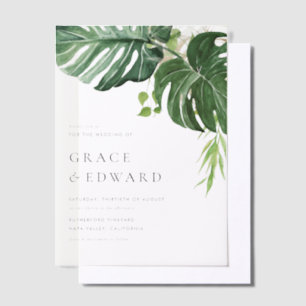 Tropical Watercolor Monstera Leaves Summer Wedding Vellum Invitations