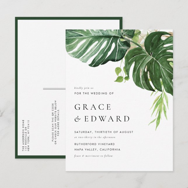 Tropical Watercolor Monstera QR Code Wedding Invitation Postcard (Front/Back)