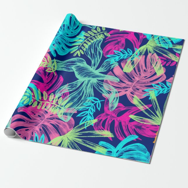 Tropical Watercolor Neon Leaves Artwork | Wrapping Paper (Unrolled)