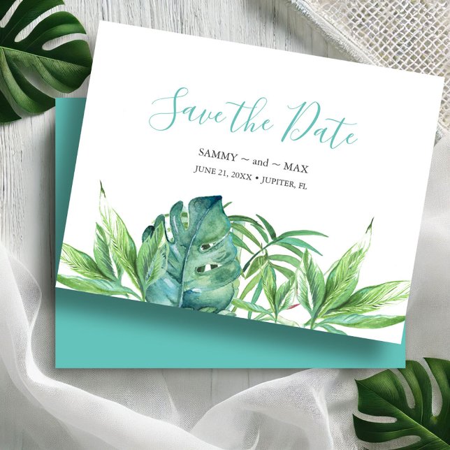 Tropical Watercolor Non-Photo Save the Date (Save the dates watercolor tropical leaves destination weddings Victoria Grigaliunas DoTellABelle)