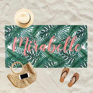 Tropical Watercolor Palm Leaves Custom Coral Name Beach Towel