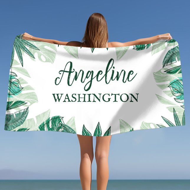 Tropical Watercolor Palm Leaves Custom Name Beach Towel (Tropical Watercolor Palm Leaves Custom Name Beach Towel)