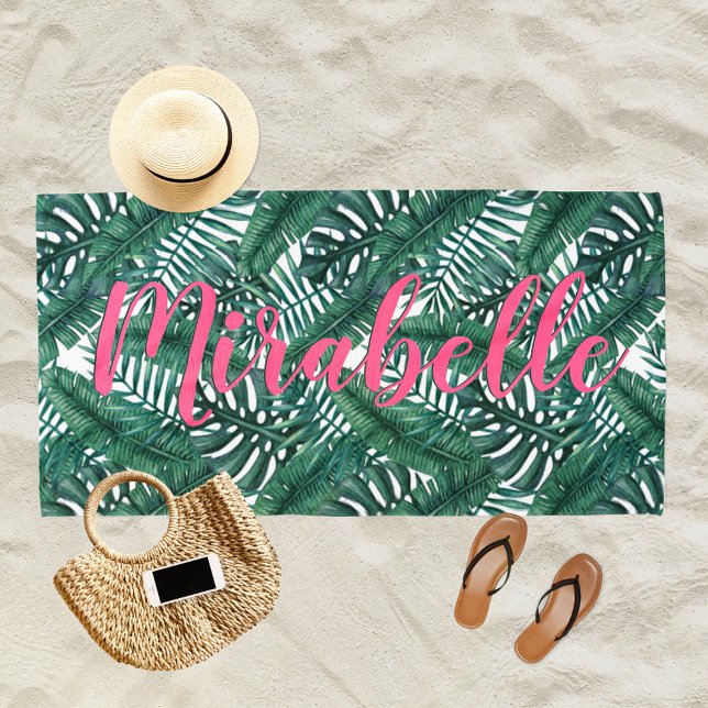 Tropical Watercolor Palm Leaves Custom Pink Name Beach Towel (Creator Uploaded)