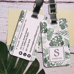 Tropical Watercolor Palm Leaves Pattern Monogram Luggage Tag