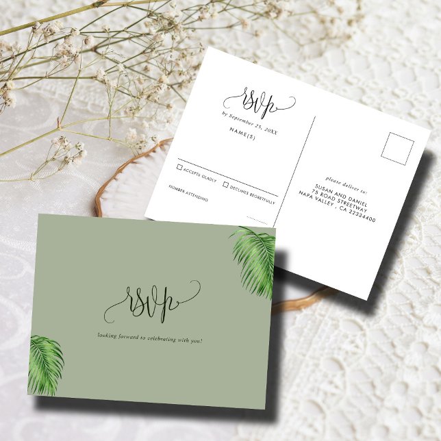 Tropical Watercolor Palm Leaves Wedding RSVP Postcard (Creator Uploaded)