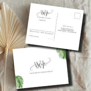 Tropical Watercolor Palm Leaves Wedding RSVP Postcard