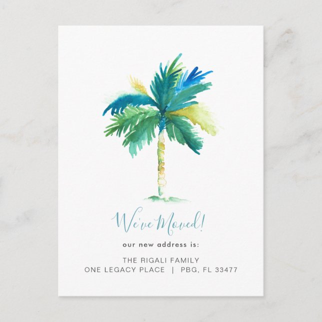 Tropical Watercolor Palm Tree Change of Address Announcement Postcard (Front)