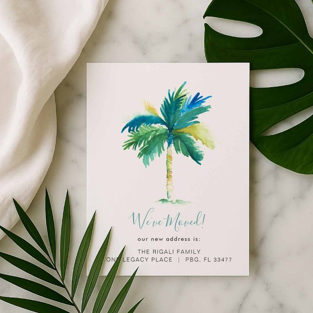 Tropical Watercolor Palm Tree Change of Address Announcement Postcard (New address moving announcement postcard designed with watercolor palm tree art )