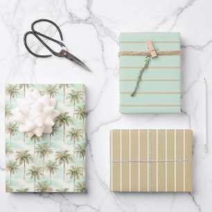 Tropical Watercolor Palm Trees Aqua and Tan Wrapping Paper Sheet