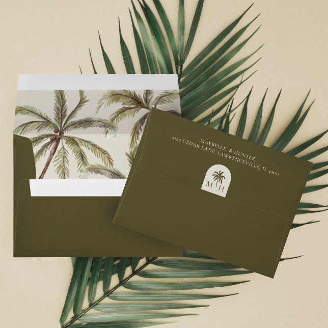 Tropical Watercolor Palm Trees Bohemian Wedding Envelope (Creator Uploaded)