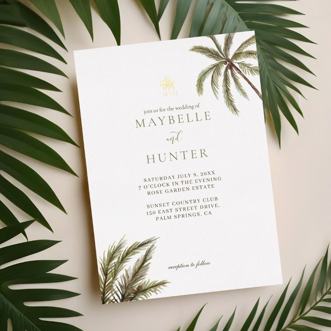 Tropical Watercolor Palm Trees Boho Wedding Photo (Tropical Watercolor Palm Trees Boho Wedding Photo Foil Invitation)