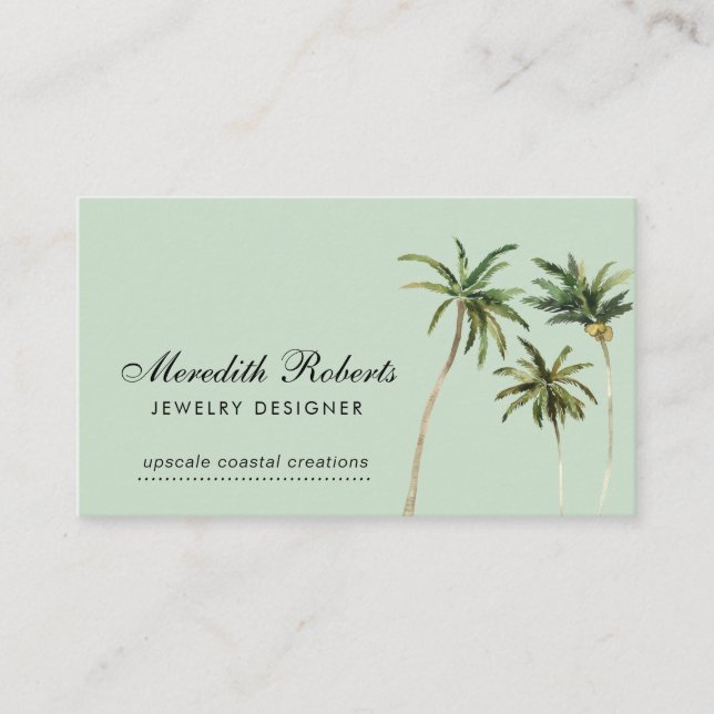 Tropical Watercolor Palm Trees Jewellery Designer Business Card (Front)