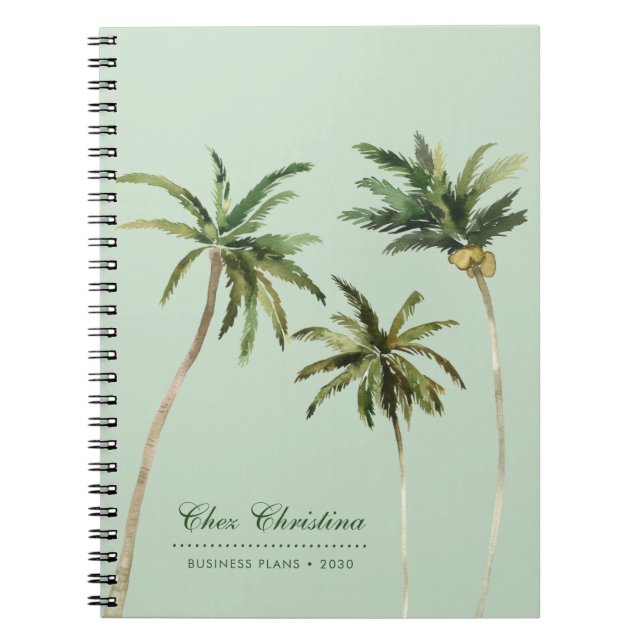 Tropical Watercolor Palm Trees Personalised Green Notebook (Front)