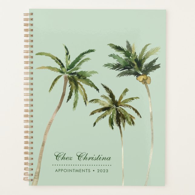 Tropical Watercolor Palm Trees Personalised Green Planner (Front)