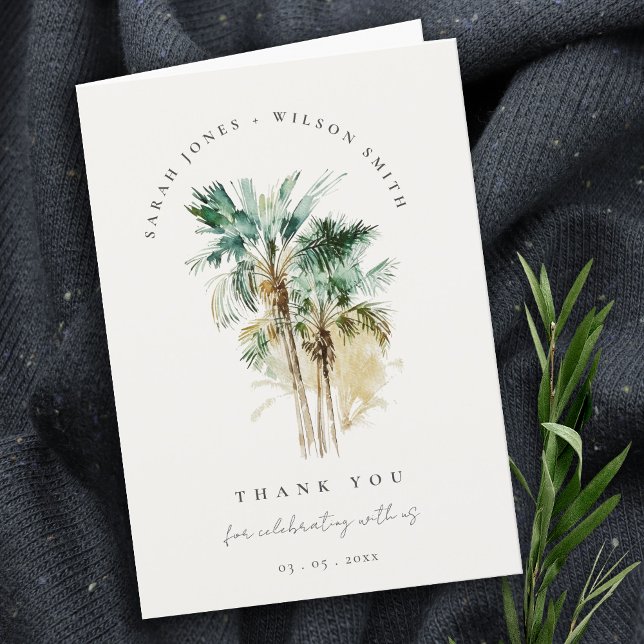 Tropical Watercolor Palm Trees Photo Wedding Thank You Card (Creator Uploaded)