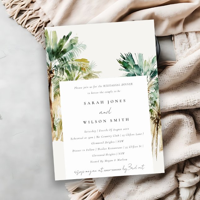 Tropical Watercolor Palm Trees Rehearsal Dinner Invitation (Creator Uploaded)