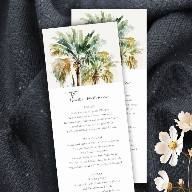 Tropical Watercolor Palm Trees Wedding Menu Card (Creator Uploaded)