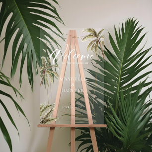 Tropical Watercolor Palm Trees Wedding Welcome Acrylic Sign