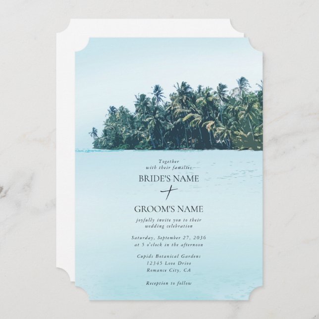Tropical Watercolor Palms & Beach Wedding Invitation (Front/Back)