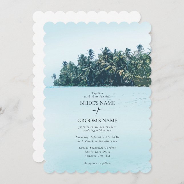 Tropical Watercolor Palms & Beach Wedding Invitation (Front/Back)