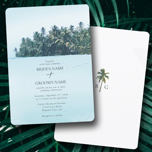 Tropical Watercolor Palms & Beach Wedding Invitation (Tropical Watercolor Palms & Beach Wedding Invitation)