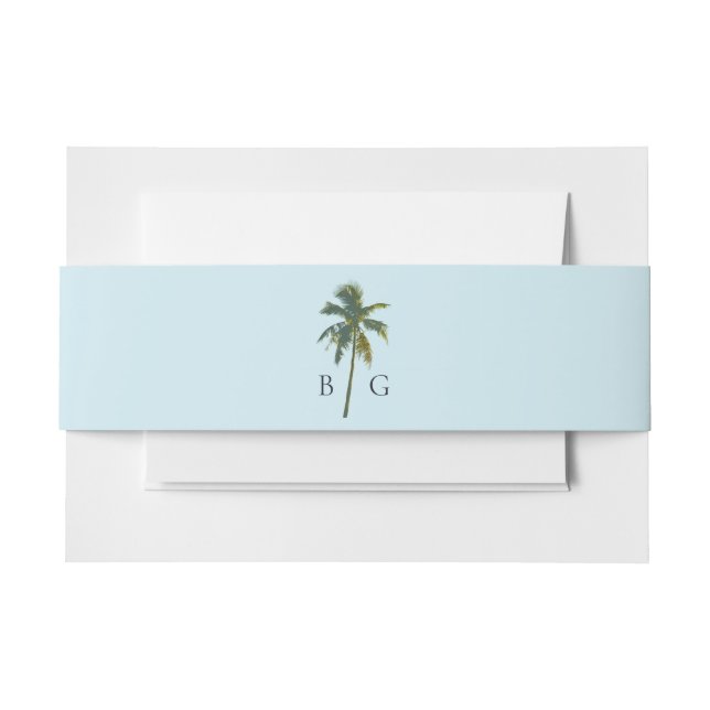Tropical Watercolor Palms & Beach Wedding Monogram Invitation Belly Band (Front Example)