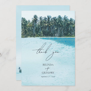 Tropical Watercolor Palms & Beach Wedding Thank You Card