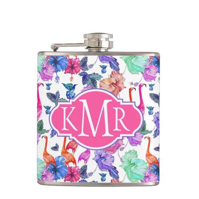 Tropical Watercolor Pattern | Monogram Hip Flask (Front)