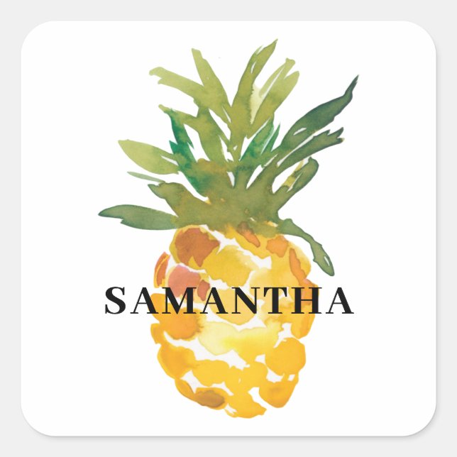 Tropical Watercolor Pineapple Name Square Sticker (Front)