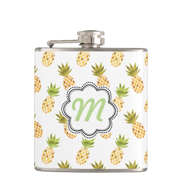 Tropical Watercolor Pineapple Pattern Hip Flask (Front)