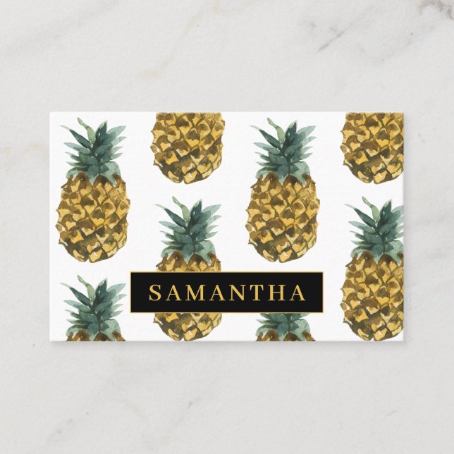 Tropical Watercolor Pineapple Pattern With Name Business Card (Front)