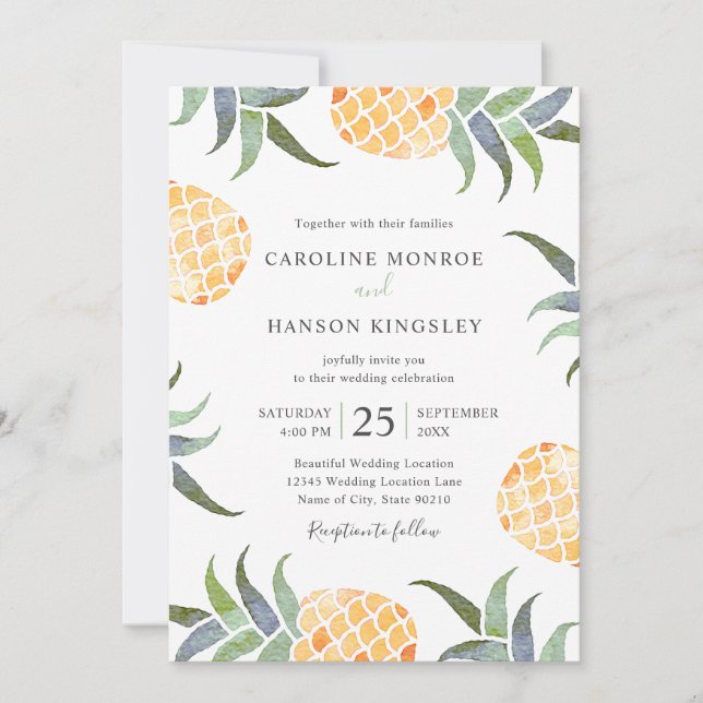 Tropical Watercolor Pineapple Summer Beach Wedding Invitation (Front)