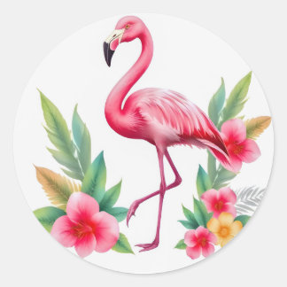 Tropical Watercolor Pink Flamingo Floral Hawaiian Classic Round Sticker