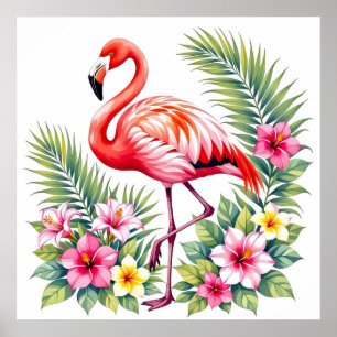 Tropical Watercolor Pink Flamingo Floral Hawaiian Poster