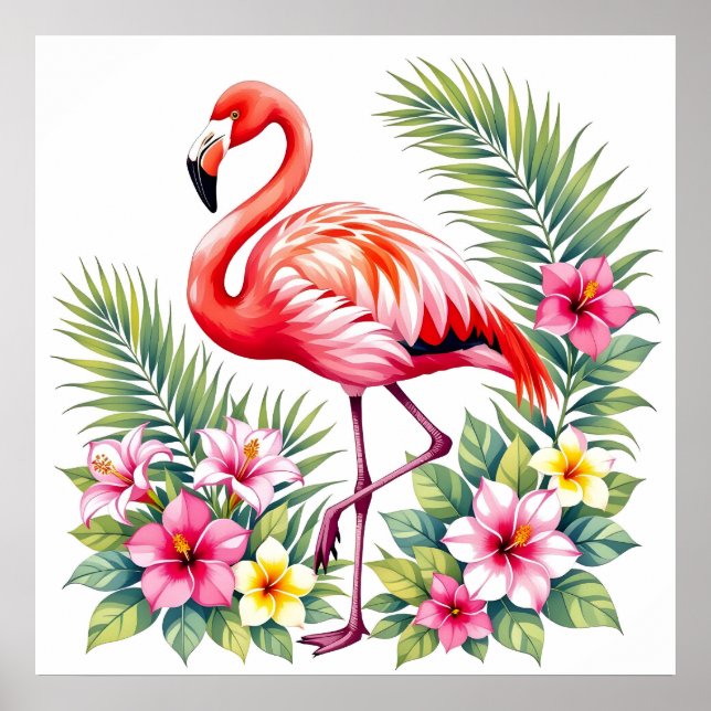Tropical Watercolor Pink Flamingo Floral Hawaiian Poster (Front)