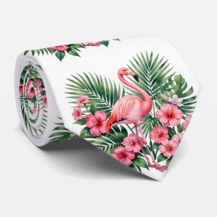 Tropical Watercolor Pink Flamingo Floral Hawaiian Tie