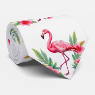 Tropical Watercolor Pink Flamingo Floral Hawaiian Tie
