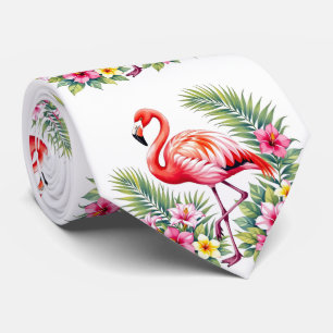 Tropical Watercolor Pink Flamingo Floral Hawaiian Tie